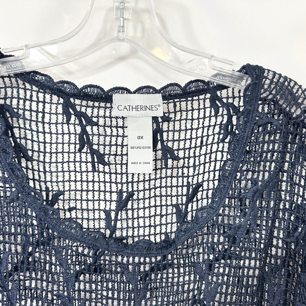 Catherines Plus Size 0X Lace Top Navy Blue Crochet Tunic Boho Witchy Gothic 179 - Picture 7 of 8